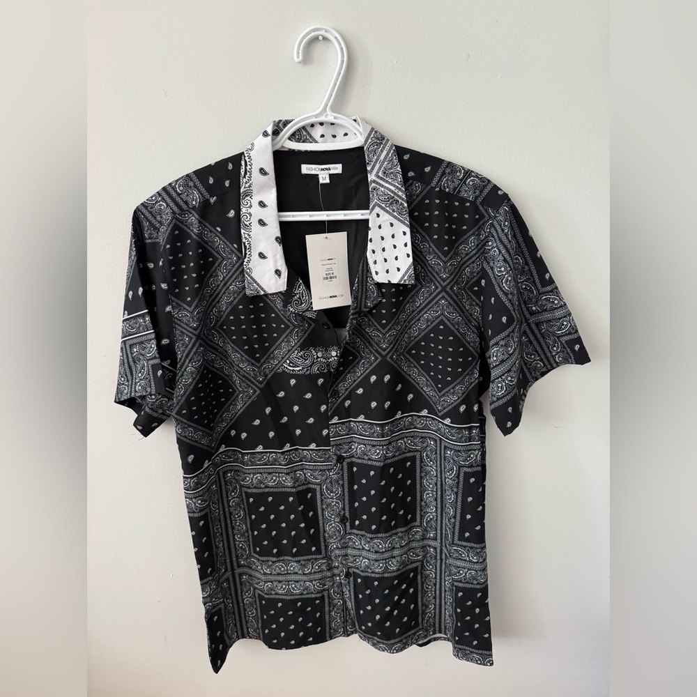 Fashion Nova Black and White Bandana Print Shirt